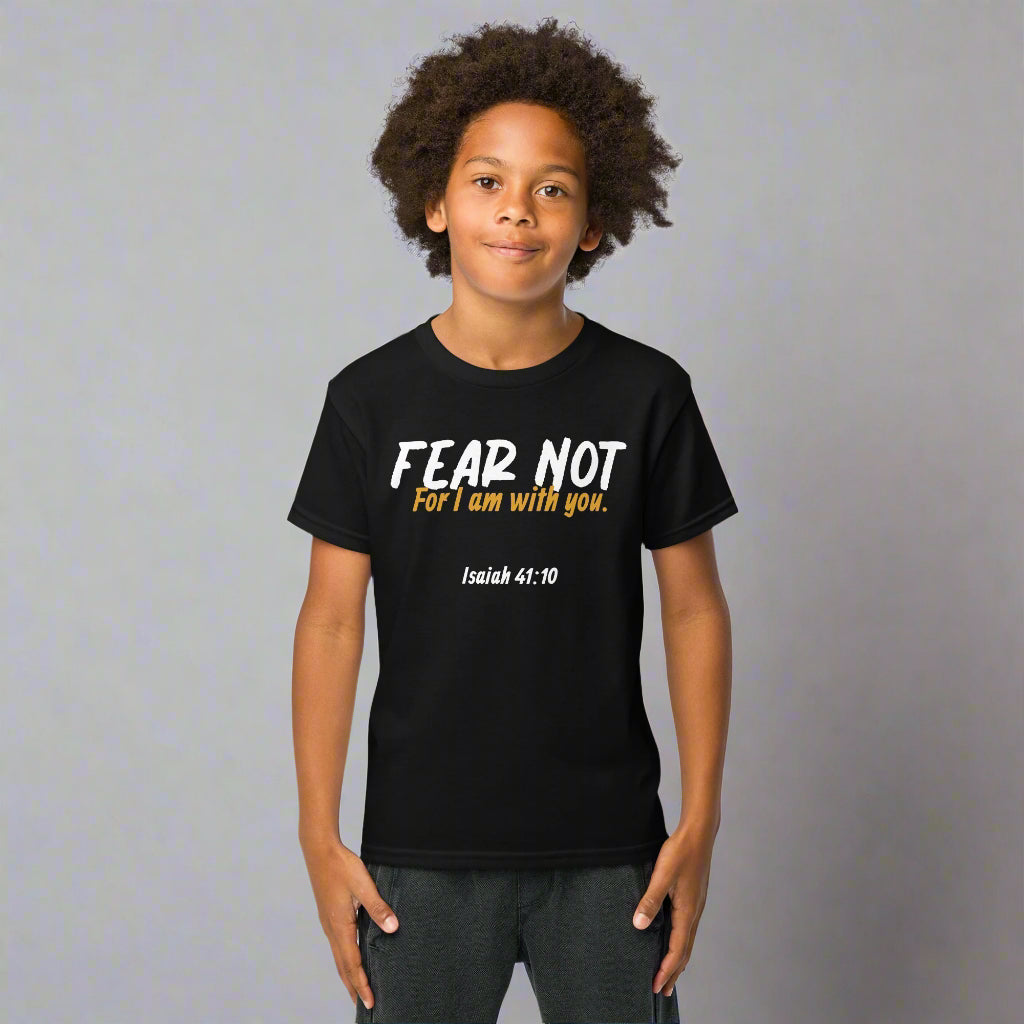 Unisex black kids t-shirt with bible verse fear not for i am with you Isaiah 41:10