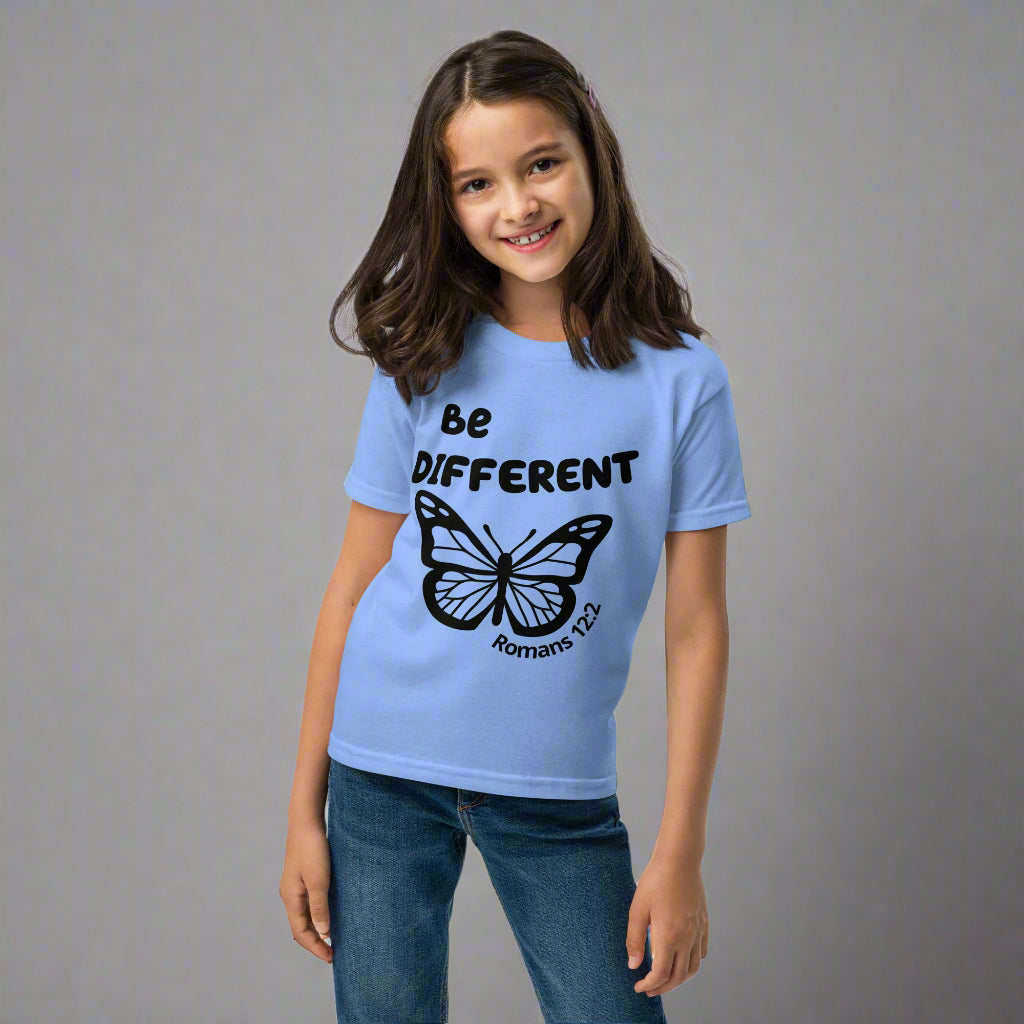 Kids unisex light blue short sleeve t-shirt with bible verse Romans 12:2 Be different