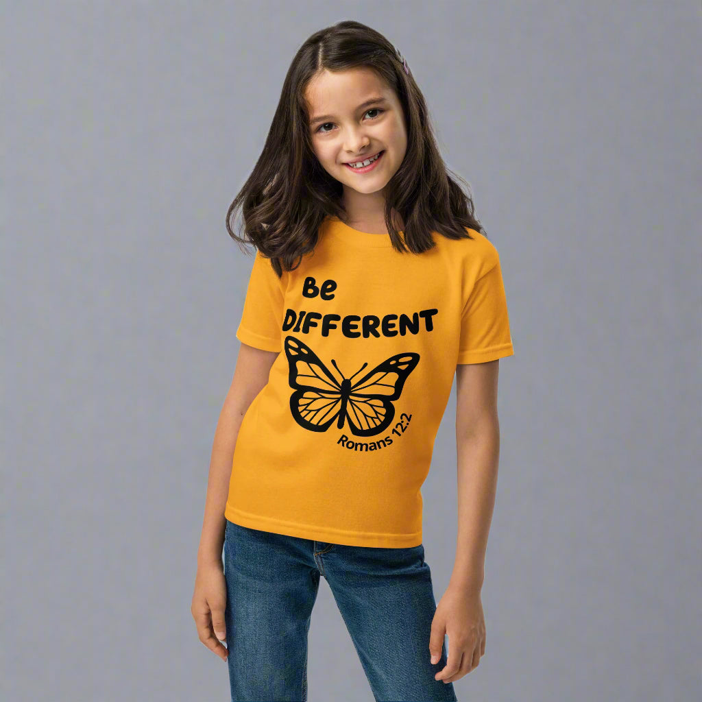 Kids unisex gold short sleeve t-shirt with bible verse Romans 12:2 Be different