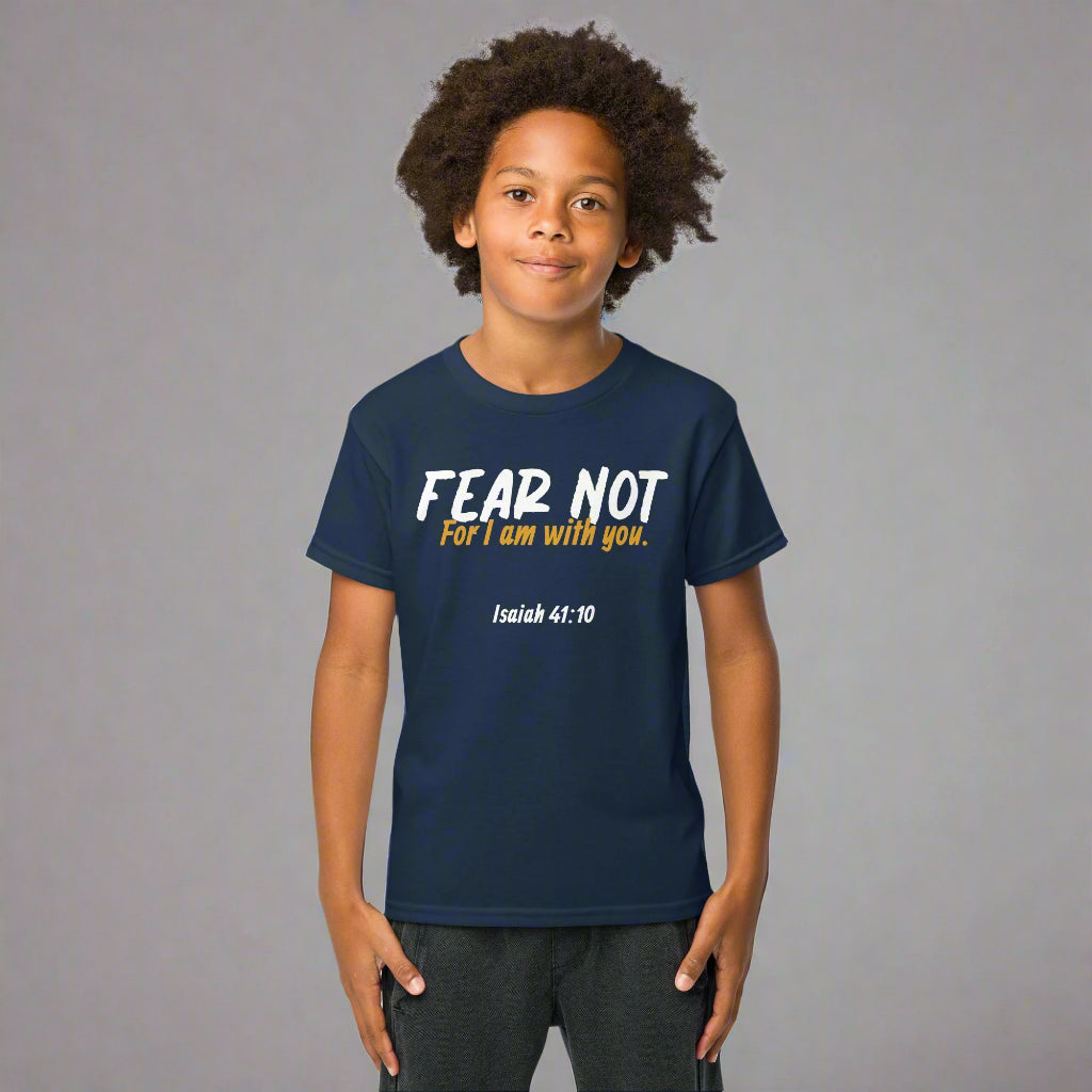 Unisex navy kids t-shirt with bible verse fear not for i am with you Isaiah 41:10