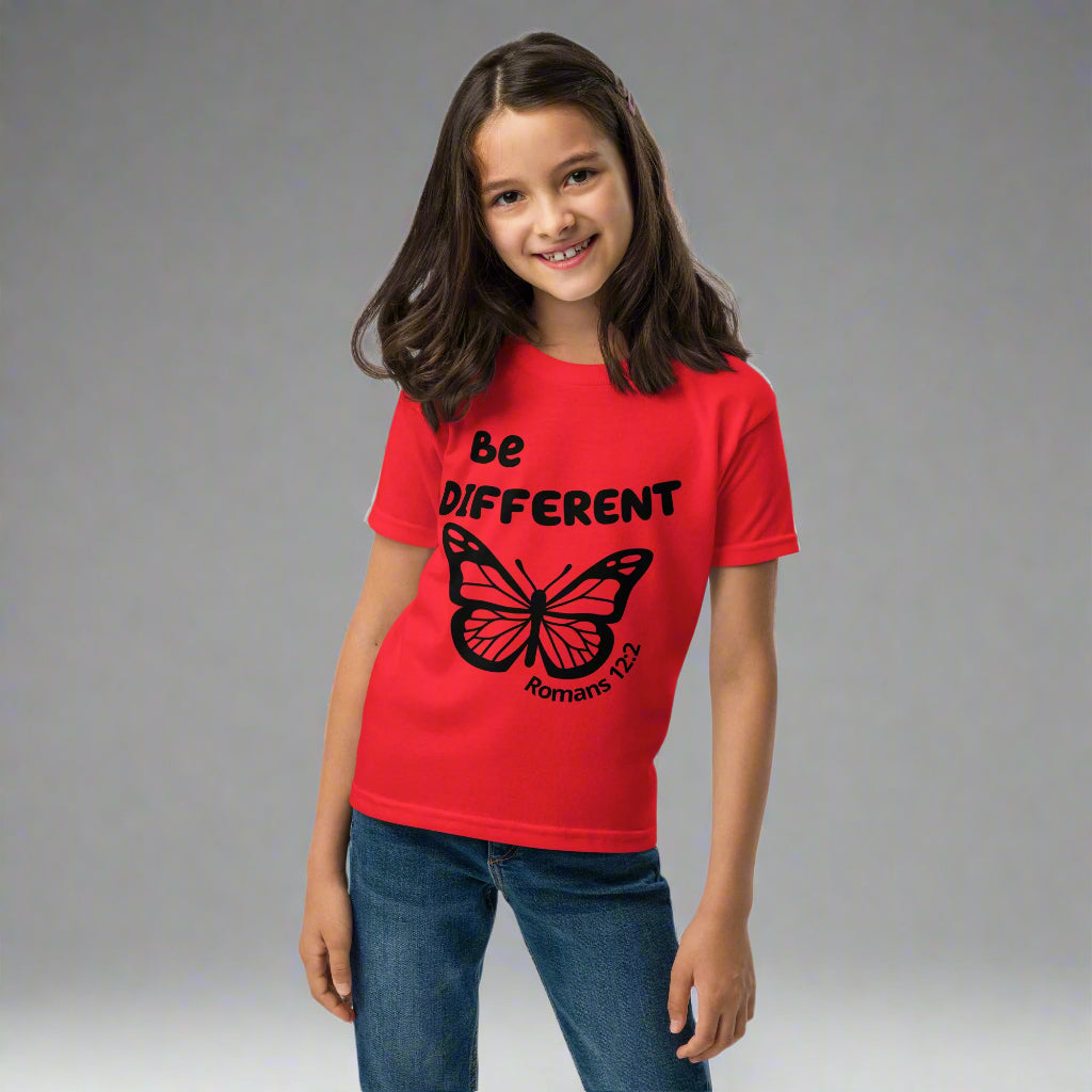 Kids unisex red short sleeve t-shirt with bible verse Romans 12:2 Be different