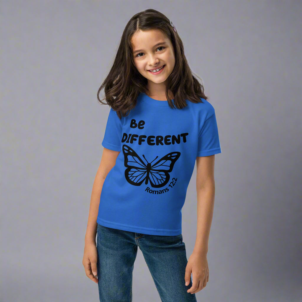 Kids unisex blue short sleeve t-shirt with bible verse Romans 12:2 Be different