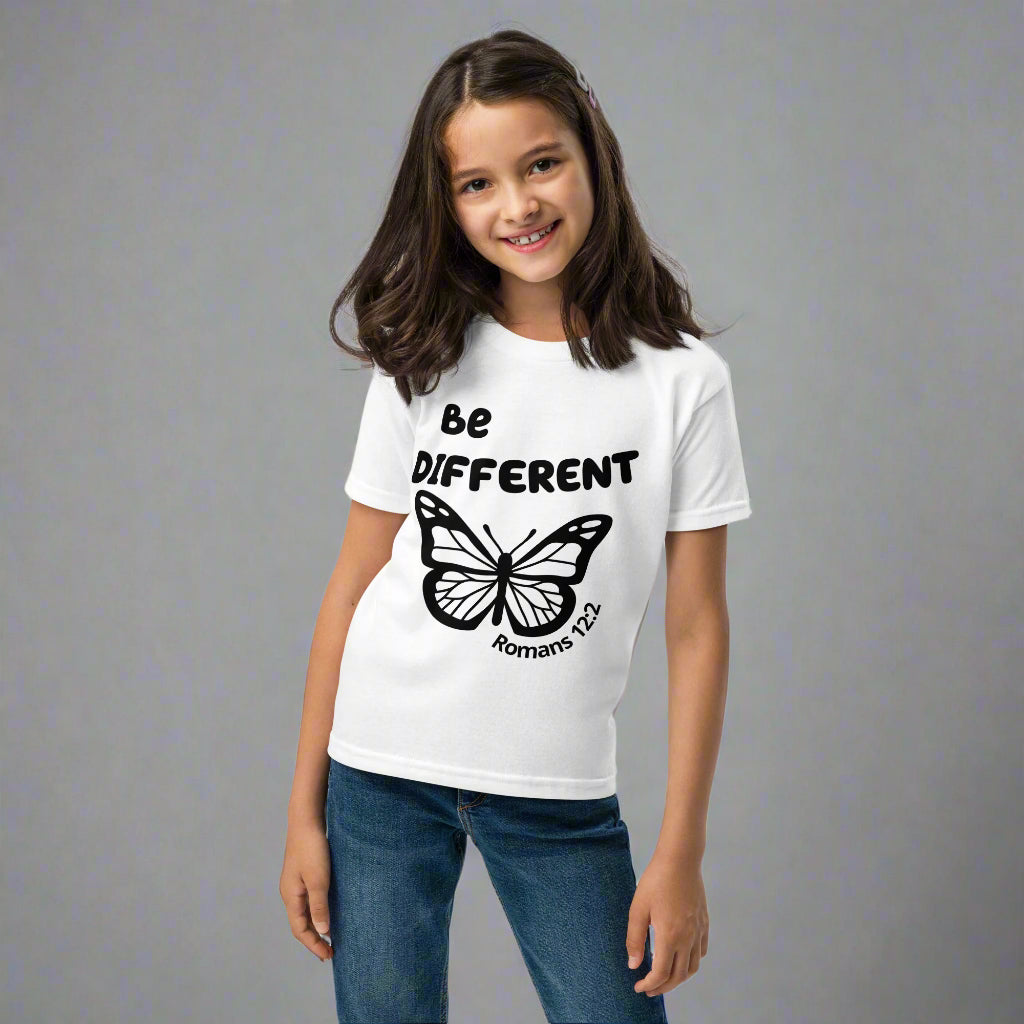 Kids unisex white short sleeve t-shirt with bible verse Romans 12:2 Be different