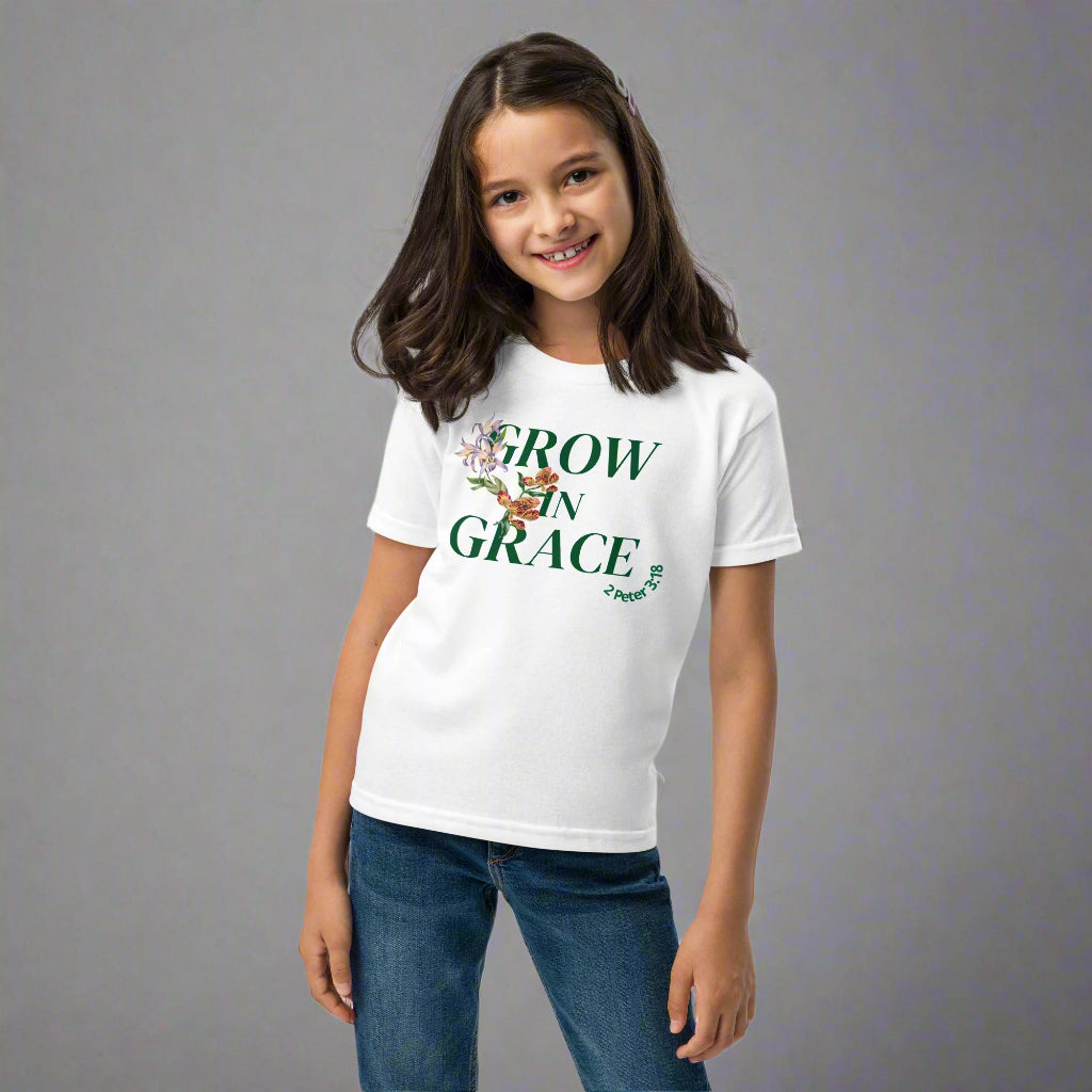 Unisex white kids t-shirt with bible verse 2 Peter 3:18 Grow in Grace 